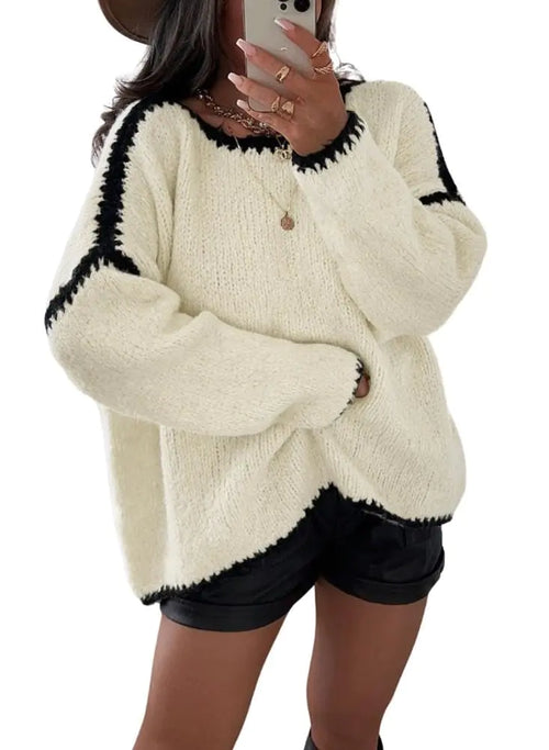 chouyatou Womens Fall Color Block Sweater Casual Loose Crewneck Knitted Pullover Jumper Tops (Large Apricot)